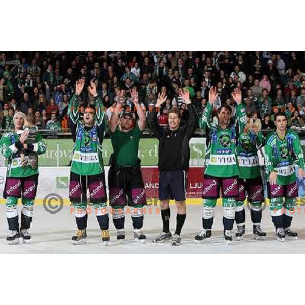 Harlan Pratt, Igor Cvetek, Kevin Mitchell, Egon Muric, Greg Kuznik, Ziga Pance celebrate vicotry after ice-hockey match Tilia Olimpija- Acroni Jesenice in Ebel league, played in Hala Tivoli, Ljubljana, Slovenia 27.11.2009. 