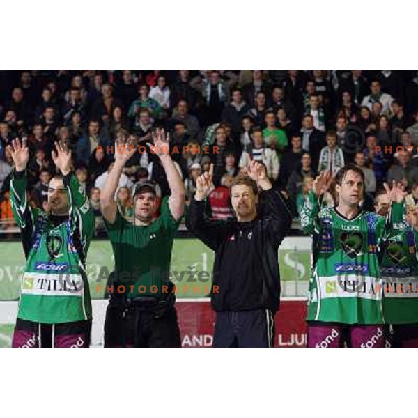  Igor Cvetek, Kevin Mitchell, Egon Muric, Greg Kuznik celebrate vicotry after ice-hockey match Tilia Olimpija- Acroni Jesenice in Ebel league, played in Hala Tivoli, Ljubljana, Slovenia 27.11.2009. 