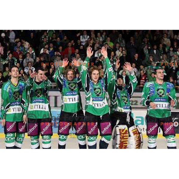 Berlisk, Maracle, Jurij Golicic celebrate vicotry after ice-hockey match Tilia Olimpija- Acroni Jesenice in Ebel league, played in Hala Tivoli, Ljubljana, Slovenia 27.11.2009. 