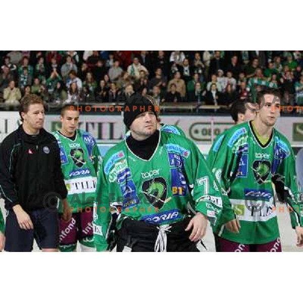 Muric, Norm Maracle , Ziga Pance in action during ice-hockey match Tilia Olimpija- Acroni Jesenice in Ebel league, played in Hala Tivoli, Ljubljana, Slovenia 27.11.2009. 