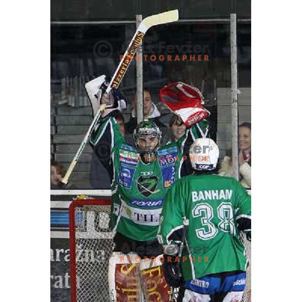 Frank Banham, Ales Sila celebrate victory after ice-hockey match Tilia Olimpija- Acroni Jesenice in Ebel league, played in Hala Tivoli, Ljubljana, Slovenia 27.11.2009. 