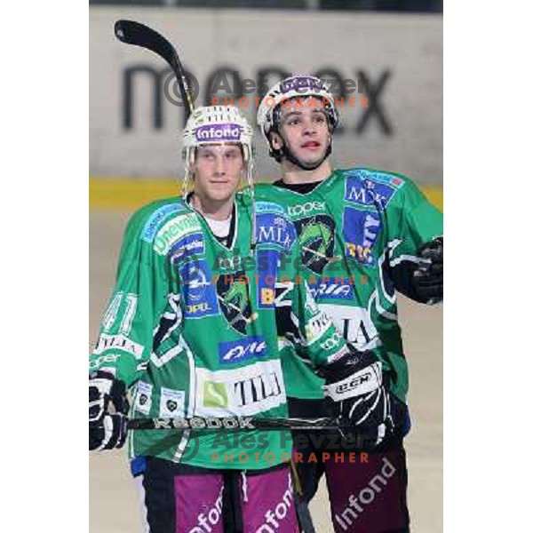 Anze Florjancic and Bostjan Golicic in action during ice-hockey match Tilia Olimpija-Liwest Linz in Ebel league, played in Hala Tivoli, Ljubljana 6.12.2009 