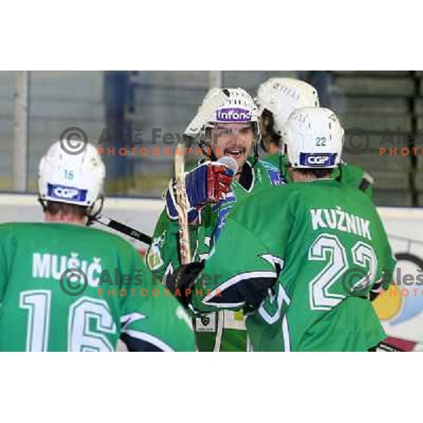 Travis Brigley celebrate victory after ice-hockey match Tilia Olimpija-Liwest Linz in Ebel league, played in Hala Tivoli, Ljubljana 6.12.2009 