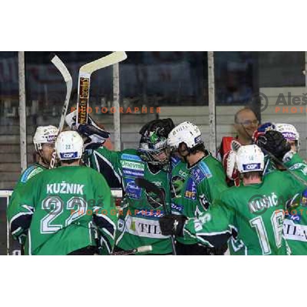 Ales Sila, Kevin Mitchell, Frank Banham celebrate victory after ice-hockey match Tilia Olimpija-Liwest Linz in Ebel league, played in Hala Tivoli, Ljubljana 6.12.2009 