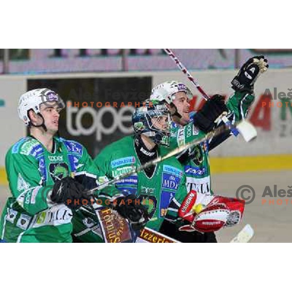 Igor Cvetek, Ales Sila ,Kevin Mitchell celebrate victory after ice-hockey match Tilia Olimpija-Liwest Linz in Ebel league, played in Hala Tivoli, Ljubljana 6.12.2009 