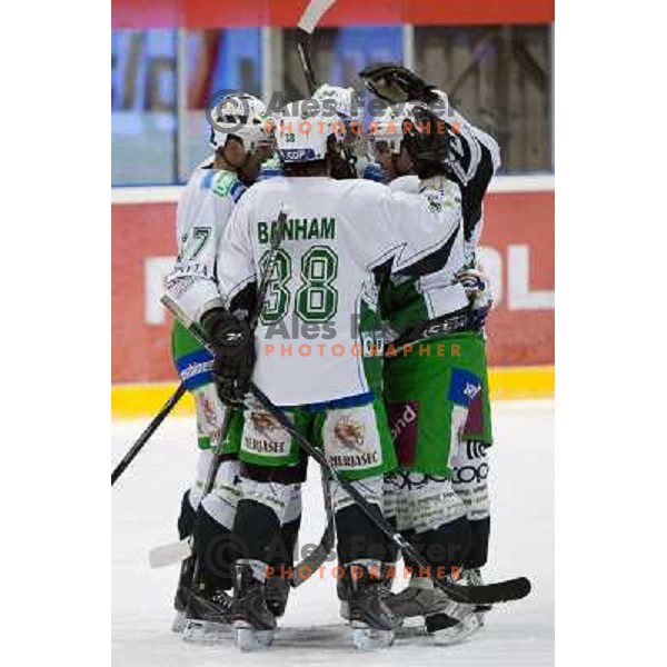 Jurij Golicic, Banham, Travis Brigley, Kevin Mitchell, Greg Kuznik celebrate goal during ice-hockey match Acroni Jesenice- Tilia Olimpija in Ebel league, played in Podmezakla Hall, Jesenice 4.12.2009 