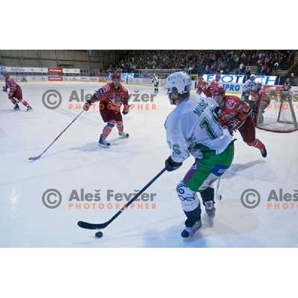 Ales Music and Grumet-Morris,Kovacevic in action during ice-hockey match Acroni Jesenice- Tilia Olimpija in Ebel league, played in Podmezakla Hall, Jesenice 4.12.2009 
