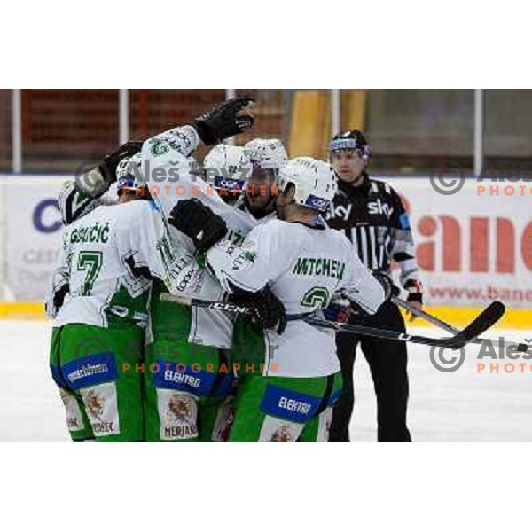 Jurij Golicic, Kuznik, Mitchell, Brigley celebrate goal during ice-hockey match Acroni Jesenice- Tilia Olimpija in Ebel league, played in Podmezakla Hall, Jesenice 4.12.2009 