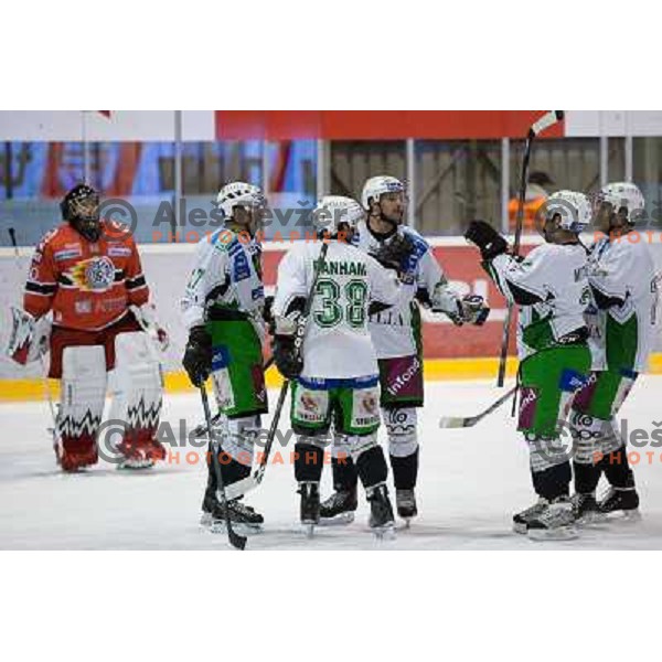 Jurij Golicic, Banham, Travis Brigley, Kevin Mitchell, Greg Kuznik celebrate goal during ice-hockey match Acroni Jesenice- Tilia Olimpija in Ebel league, played in Podmezakla Hall, Jesenice 4.12.2009 