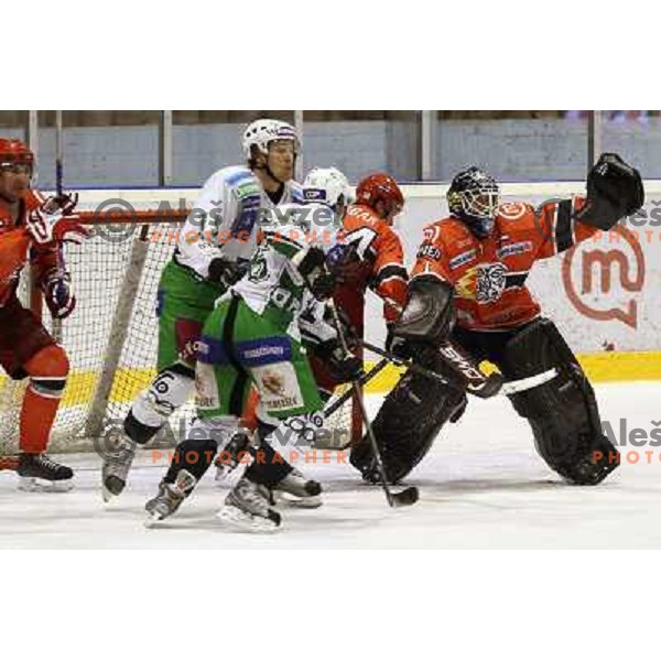 Muric, Music and Grumet-Morris in action during ice-hockey match Acroni Jesenice- Tilia Olimpija in Ebel league, played in Podmezakla Hall, Jesenice 4.12.2009 