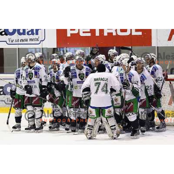 Victory celebration after ice-hockey match Acroni Jesenice- Tilia Olimpija in Ebel league, played in Podmezakla Hall, Jesenice 4.12.2009 