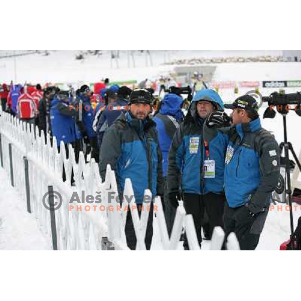 Tomas Kos, Head Coach of Slovenian Women Biathlon Team, Uros Velepec, head coach of Slovenian Man Biathlon team, and Borut Nunar, head of OC Pokljuka office, during informal training, E-on Ruhrgas Biatlon World Cup, 15.12.2009, Pokljuka, Slovenija 