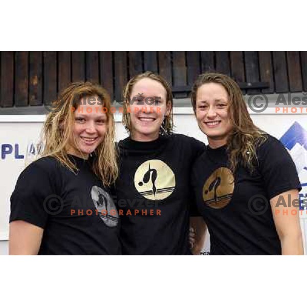 Aleksandra Harasimenia (BLR), Hinkelien Schreuder (HOL) and Triin Aljand (EST) at prize giving ceremony after swimming competition Ilirija Challenge in Tivoli pool, Ljubljana, Slovenia 16.12.2009 
