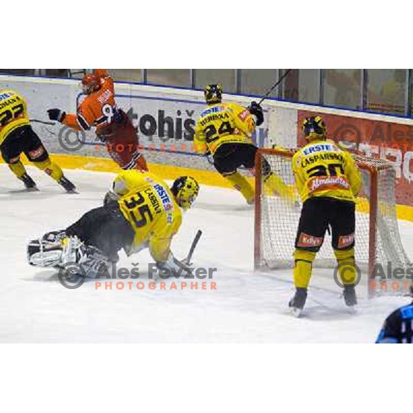 Hebar, Cassivi, Werenka,Casparson in action during ice-hockey match Acroni Jesenice- EV Vienna Capitals in round 34 of Ebel League, played in Podmezakla Hall, Jesenice, Slovenia 20.12.2009. 