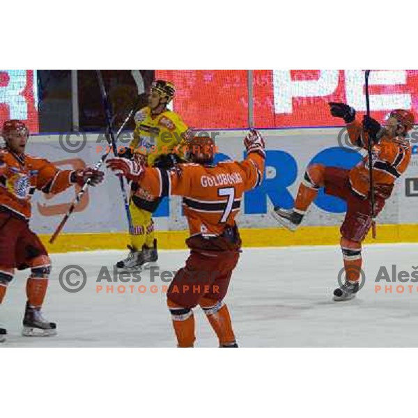 Kovacevic, Golubovski and Hebar celebrate winning goal during ice-hockey match Acroni Jesenice- EV Vienna Capitals in round 34 of Ebel League, played in Podmezakla Hall, Jesenice, Slovenia 20.12.2009. 