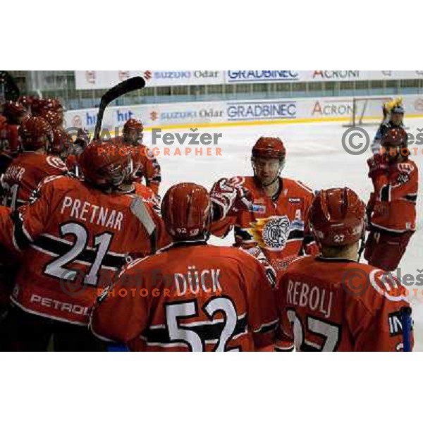 Pretnar, Duck, Rebolj, Golubovski in action during ice-hockey match Acroni Jesenice- EV Vienna Capitals in round 34 of Ebel League, played in Podmezakla Hall, Jesenice, Slovenia 20.12.2009. 