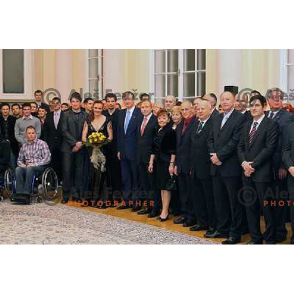 Primoz Kozmus, Petra Majdic, Peter Mankoc, Dr. Danilo Turk, Peter Kukovica, Tjasa Andree Prosenc during reception of President of Republic of Slovenia in Ljubljana 22.12.2009 