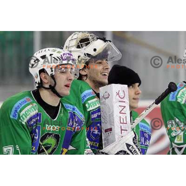 Blaz Golicic, Matija Pintaric, Ales Sila after ice-hockey match Tilia Olimpija- Sapa Fehervar in round 40 of Ebel league, played in Hala Tivoli, Ljubljana, Slovenia 5.01.2010 