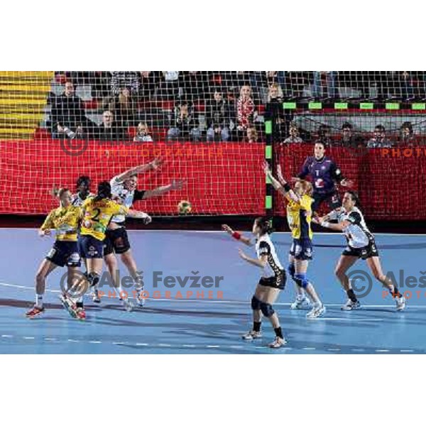 Dragana Cvijic, Jelena Grubisic in action during handball match Krim Mercator- Metz in round 5 of Championsleague, played at Kodeljevo, Ljubljana, Slovenia 09.01.2010 