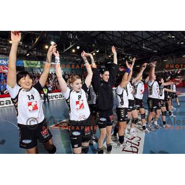 Bodnieva, Mavsar, Koren, Vidic, Gros celebrate victory after handball match Krim Mercator- Metz in round 5 of Championsleague, played at Kodeljevo, Ljubljana, Slovenia 09.01.2010 