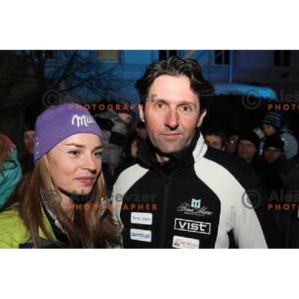 Tina Maze and coach Andrea Massi after public draw of starting numbers for Zlata Lisica, Golden Fox FIS Alpine Ski World Cup giant slalom race in Maribor, Slovenia 15.1.2010 
