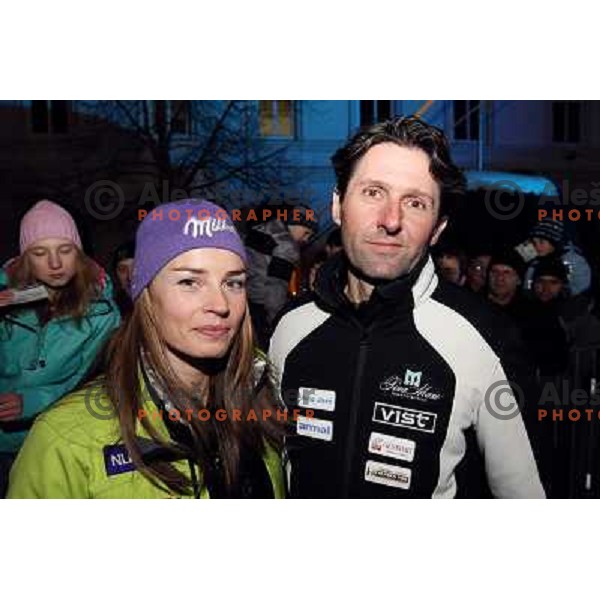 Tina Maze and coach Andrea Massi after public draw of starting numbers for Zlata Lisica, Golden Fox FIS Alpine Ski World Cup giant slalom race in Maribor, Slovenia 15.1.2010 