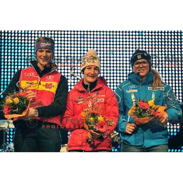  Maria Riesch, Kathrin Zettel. Anja Paerson during public draw of starting numbers for Zlata Lisica, Golden Fox FIS Alpine World Cup
