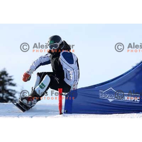 Rok Marguc, world cup snowboarder and member of Slovenia 2010 Olympic team during practice at Rogla Ski resort, Slovenia 5.1.2010 