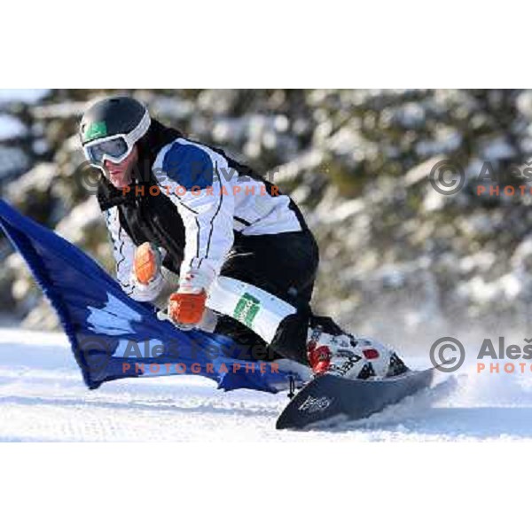 Rok Marguc, world cup snowboarder and member of Slovenia 2010 Olympic team during practice at Rogla Ski resort, Slovenia 5.1.2010 