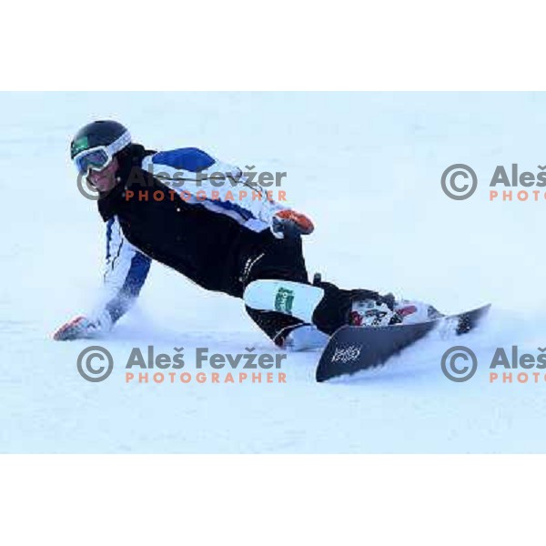 Rok Marguc, world cup snowboarder and member of Slovenia 2010 Olympic team during practice at Rogla Ski resort, Slovenia 5.1.2010 