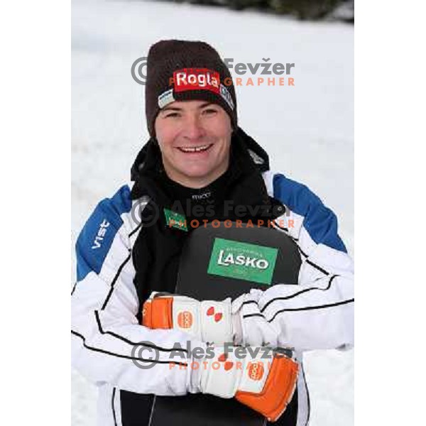 Rok Marguc, world cup snowboarder and member of Slovenia 2010 Olympic team during practice at Rogla Ski resort, Slovenia 5.1.2010 