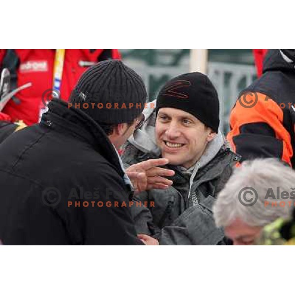 Alberto Tomba and Jure Kosir talking during second run of AUDI FIS World Cup Giant Slalom race in Kranjska Gora, Slovenia 29.1.2010 