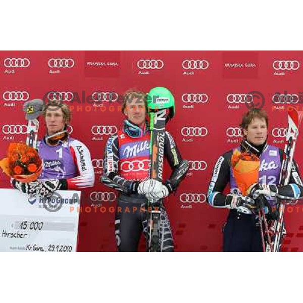 Hirscher, Ligety and Jansrud at podium of AUDI FIS World Cup Giant Slalom race in Kranjska Gora, Slovenia 29.1.2010 