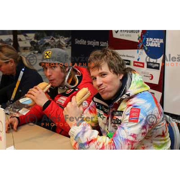Hirscher and Jansrud at press conference after AUDI FIS World Cup Giant Slalom race in Kranjska Gora, Slovenia 29.1.2010 