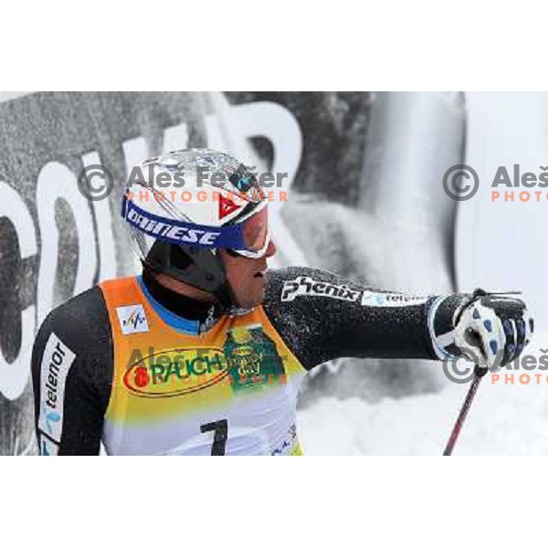 Axel Lund Svindal of Norway in finish after second run of AUDI FIS World Cup Giant Slalom race for Vitranc Cup in Kranjska Gora, Slovenia 30.1.2010 
