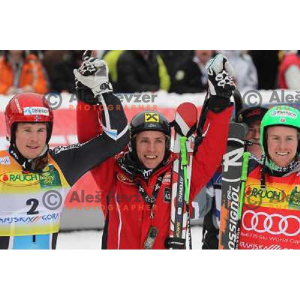 Jansrud, Hierscher, Ligety in finish after second run of AUDI FIS World Cup Giant Slalom race for Vitranc Cup in Kranjska Gora, Slovenia 30.1.2010 