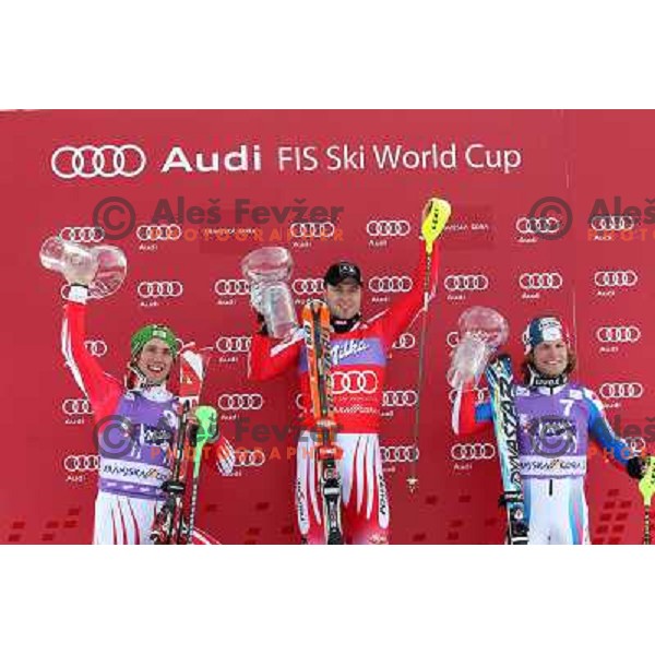 Hirscher, Herbst, Lizeroux at podium after second run of AUDI FIS World Cup Slalom race for Vitranc Cup in Kranjska Gora, Slovenia 31.1.2010 