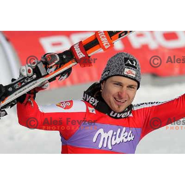Reinfried Herbst of Austria celebrates victory after second run of AUDI FIS World Cup Slalom race for Vitranc Cup in Kranjska Gora, Slovenia 31.1.2010 
