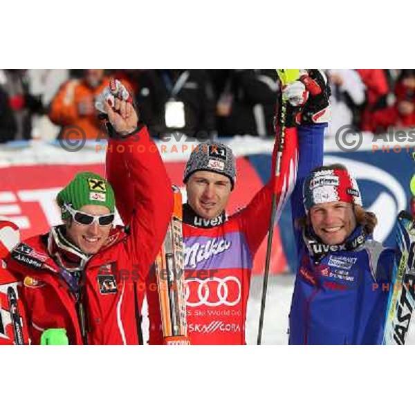 Hirscher, Herbst, Lizeroux at podium after second run of AUDI FIS World Cup Slalom race for Vitranc Cup in Kranjska Gora, Slovenia 31.1.2010 