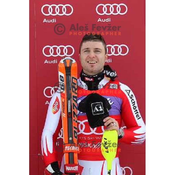 Reinfried Herbst of Austria celebrates victory after second run of AUDI FIS World Cup Slalom race for Vitranc Cup in Kranjska Gora, Slovenia 31.1.2010 