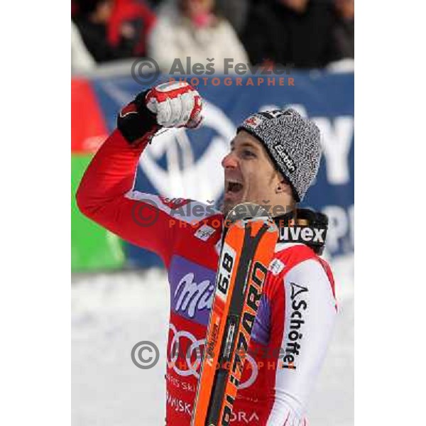 Reinfried Herbst of Austria celebrates victory after second run of AUDI FIS World Cup Slalom race for Vitranc Cup in Kranjska Gora, Slovenia 31.1.2010 