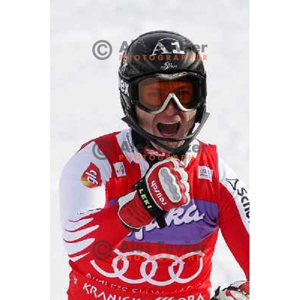 Reinfried Herbst of Austria celebrates victory after second run of AUDI FIS World Cup Slalom race for Vitranc Cup in Kranjska Gora, Slovenia 31.1.2010 