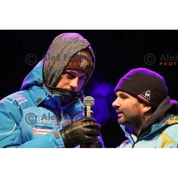 Andre Myhrer and Ales Smrekar during public draw of starting numbers for AUDI FIS World Cup Slalom- Vitranc Cup in Kranjska gora, Slovenia 30.1.2010 