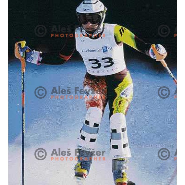 Katja Koren of Slovenia skiing in first run of Slalom race at Hafjell during 1994 Olympic Games in Lillehammer, Norway 