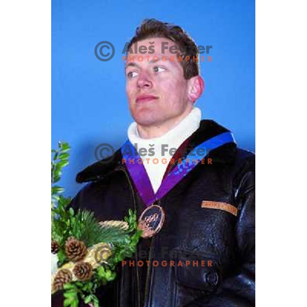 Jure Kosir of Slovenia with bronze olympic medal after Slalom race at Hafjell during 1994 Olympic Games in Lillehammer, Norway 