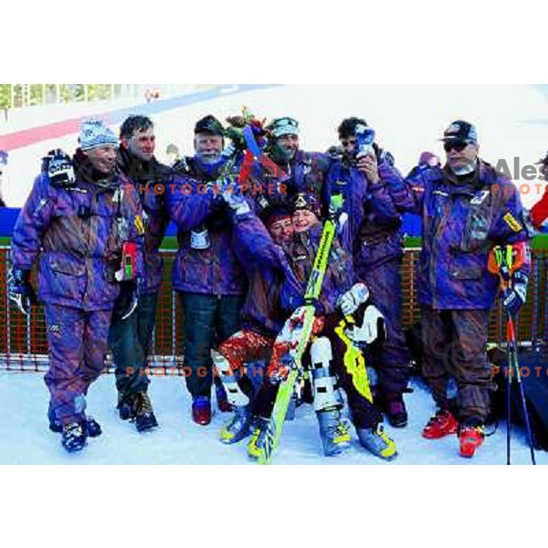 Katja Koren and Alenka Dovzan with skis, Marko Jurjec, Stojan Puhalj, Jaro Kalan, Žirovnik, Tone Vogirnec at Olympic games, Lillehammer, Norway 1994 