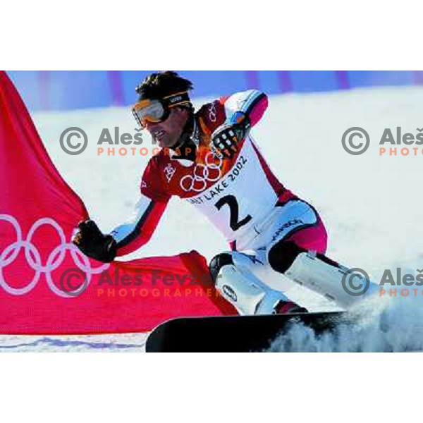Snowboarder Dejan Kosir of Slovenia during giant slalom in Park City during 2002 Olympic games in Salt Lake City, USA 