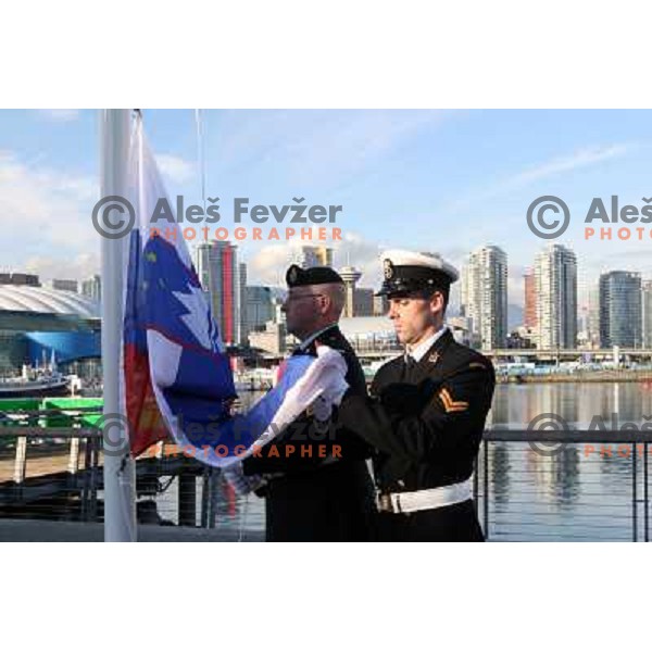 Flag of Slovenia during official ceremony "Raising the flag" in Olympic village at 2010 Winter Olympic games in Vancouver, Canada 9.2.2010 