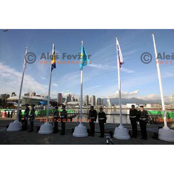 Flag of Slovenia during official ceremony "Raising the flag" in Olympic village at 2010 Winter Olympic games in Vancouver, Canada 9.2.2010 