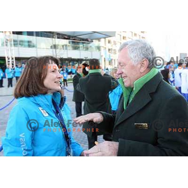 Director of NOC services Andreja Leskovsek and Tone Vogrinec during official ceremony "Raising the flag" in Olympic village at 2010 Winter Olympic games in Vancouver, Canada 9.2.2010 